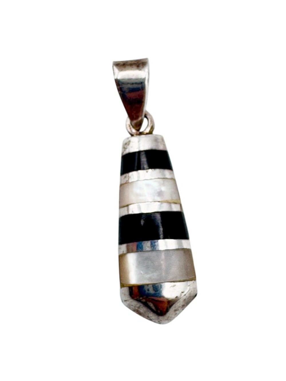 Black Onyx Mother Of Pearl Pendant Sterling Silver Inlay 1.25" Vintage Signed PD - Picture 4 of 6